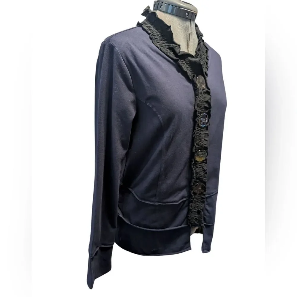 NEON BUDDHA WomeBlue Black Stretch Cotton Jacket Cardigan XS Button Front Ruffle